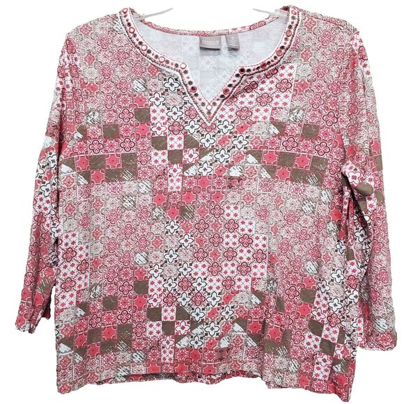 Chico's Cotton/Modal Patchwork Embellished Split Neck 3/4 Sleeve Blouse Sz 3(XL) - Picture 1 of 8